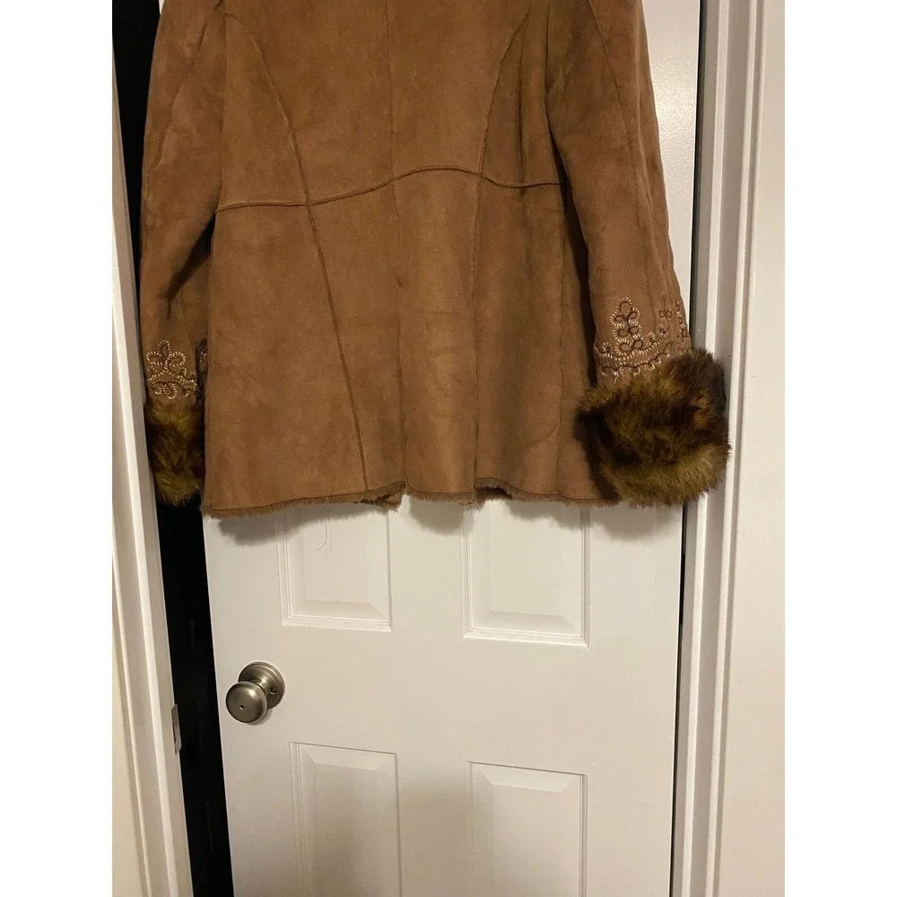 Vintage Penny Lane Suede Fur Trim Brown Coat Medium Boho Y2K 1990's Winter Cabin